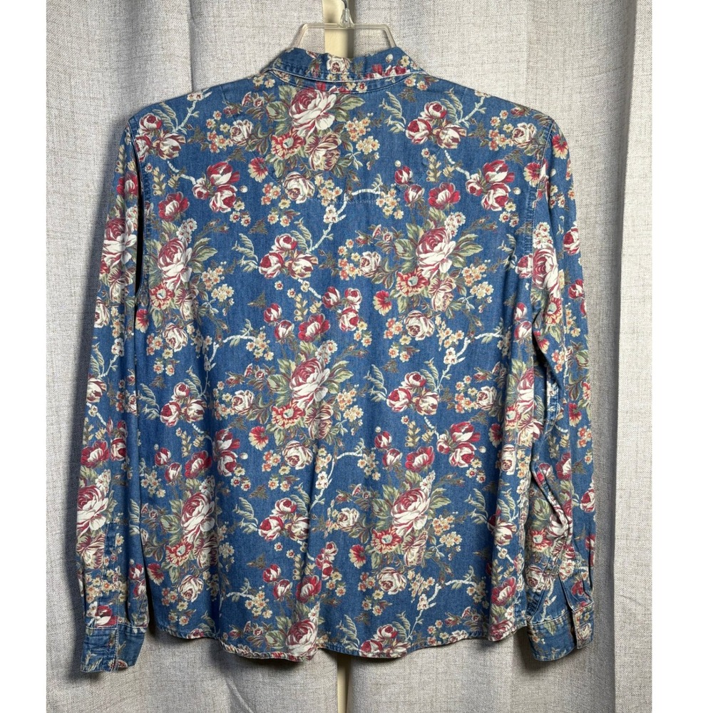 Liz Claiborne Lizwear Jeans Floral Denim Button Down Shirt Blue Red Women Large